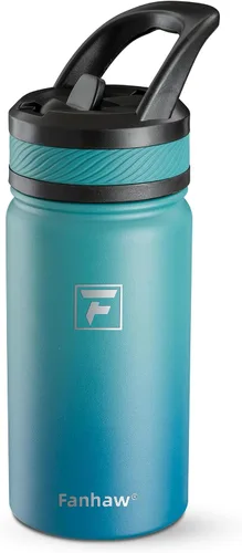 Vista 15 de Fanhaw Botella de agua aislada para niños de 14 onzas con tapa de pajita – Acero inoxidable de doble pared al vacío, a prueba de fugas, botellas