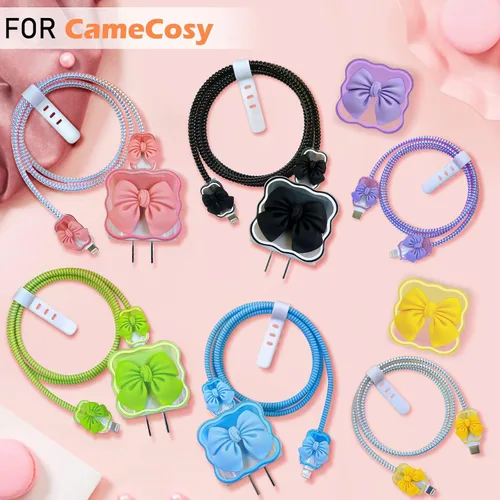 Vista 6 de CameCosy - Protector de cable de teléfono Kawaii para iPhone de 18 W/20 W, cargador USB-C con diseño de ondas de lazo 3D, funda protectora de Negro
