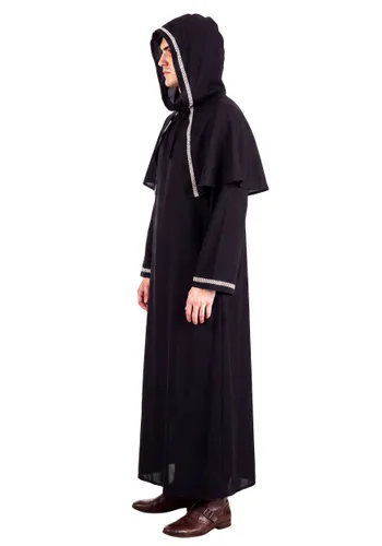 Vista 3 de Disfraz de adulto de hechicero medieval, túnica con capucha de terciopelo negro Multicolor