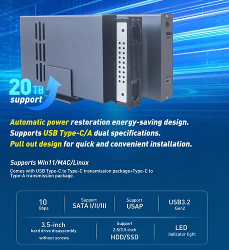 Vista 2 de IO CREST Caja USB tipo C de una sola bahía de 10 Gbps para HDD SATA de 2.5" y 3.5