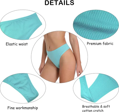 Vista 5 de PSEFNAGX Tanga de algodón acanalado transpirable sin costuras de cintura alta para mujer, ropa interior de talla grande