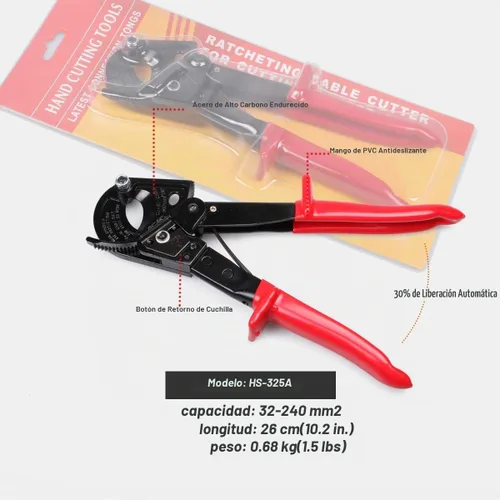 Vista 6 de Cortador de cable con trinquete, herramienta de mano para cortar alambre de alta resistencia para cable de aluminio y cobre de hasta 240mm²