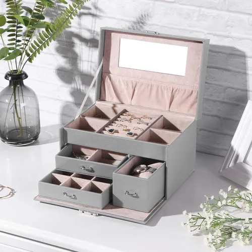 Vista 2 de BEWISHOME Jewelry Box, 20 Section Jewelry Organizer Box for Earrings,Rings,Necklaces,Cufflinks,Pendants Grey, Birthday Gift for Women,Women