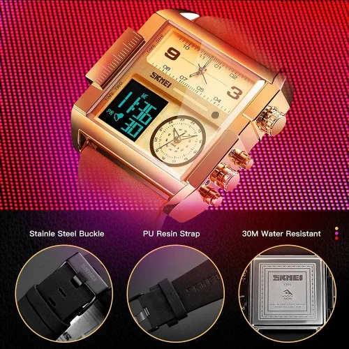Vista 6 de SKMEI Relojes cuadrados para hombre, retroiluminación LED, pantalla grande, zona multihoraria, impermeable, analógico, reloj deportivo digital