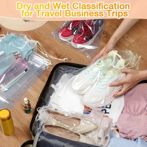 Vista 7 de Paquete de 100 bolsas de zapatos para viajes de 10 x 14 pulgadas, grandes bolsas transparentes para zapatos, bolsas transparentes con cordón, bolsas