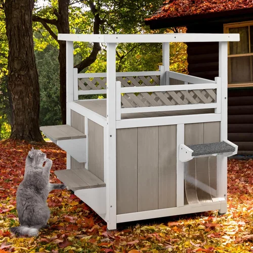 Vista 7 de PetsCosset Casa para gatos al aire libre resistente a la intemperie, refugio de gatos de dos pisos para exteriores, condominio interior para gatos