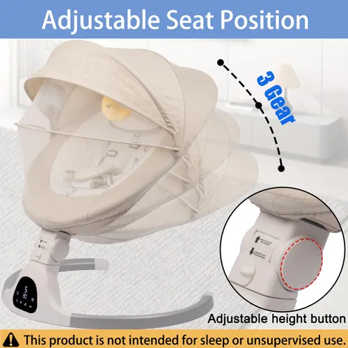 Vista 3 de Columpio eléctrico para bebés, columpio ajustable de 5 velocidades con música Bluetooth, temporizador, arnés de 5 puntos y base estable para uso