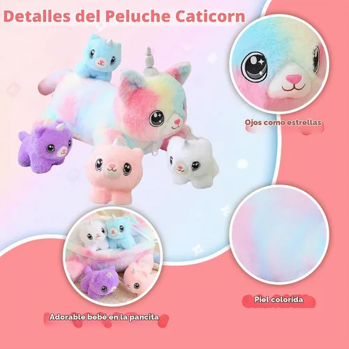 Vista 3 de SQEQE Gato Unicornio de Peluche Mamá Gato Unicornio con 4 Lindos Gatitos Bebé - Regalos de Cumpleaños de Peluche para Niños y Niñas Caticornio