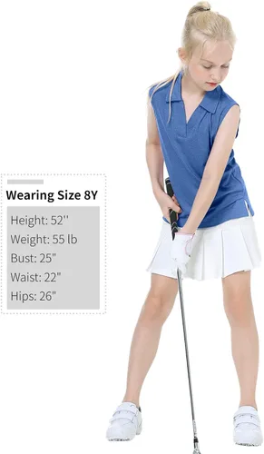 Vista 6 de EXARUS Camisetas polo de golf para niñas, sin mangas, cuello en V, tenis, atléticas, para ejercicio escolar de 5 a 12 años