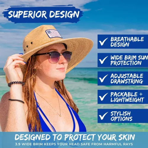 Vista 5 de Qwave Sombrero salvavidas de paja lavable a piedra para hombres y mujeres, sombrero de paja de playa que protege del sol del verano