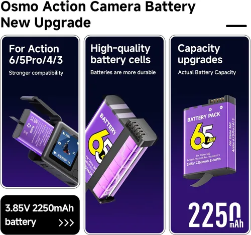 Vista 4 de Batería de 2250 mAh para Osmo Action 6, 2 baterías de repuesto, compatible con Osmo 360, Osmo Action 6, Osmo Action 5 Pro, Osmo Action 4, Osmo