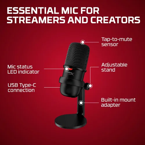 Vista 7 de HyperX SoloCast - Micrófono de condensador USB para juegos, para PC, PS4, PS5 y Mac, sensor de toque para silenciar, patrón polar cardioide, ideal