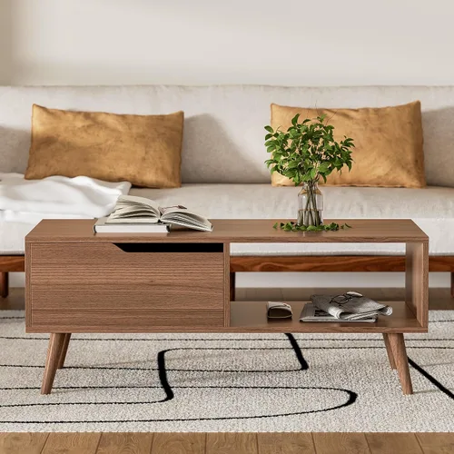 Vista 3 de DIYART Mesa de centro marrón, mesa de centro moderna de mediados de siglo con cajón y estante, mesa consola simple de madera de 39 pulgadas