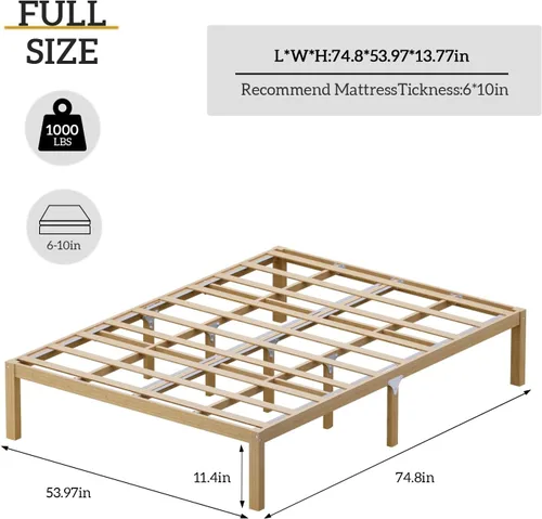 Vista 2 de Marco de cama de bambú tamaño completo con plataforma de madera sólida estable con listones antideslizantes, soporte para cama alta, no necesita