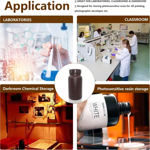 Vista 2 de Dutiplus Botella de reactivo ámbar de boca ancha HDPE de grado de laboratorio para aulas de laboratorios o almacenamiento en casa, capacidad de 0.1