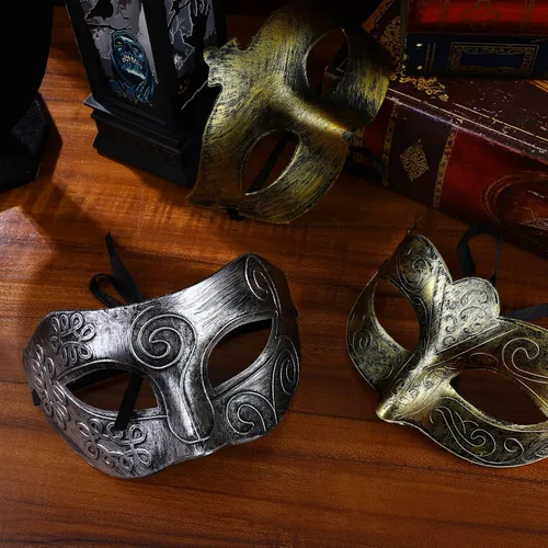 Vista 7 de INOOMP Máscara de Halloween para hombre, 8 unidades, máscara facial de luchador para fiesta de baile, Halloween, máscara vintage griega romana