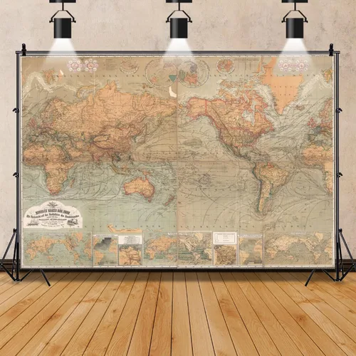 Vista 5 de AOFOTO Telón de fondo de fotografía de mapa del viejo mundo de 7 x 5 pies, estilo vintage, retro, mapa náutico del mundo, fondo marrón antiguo
