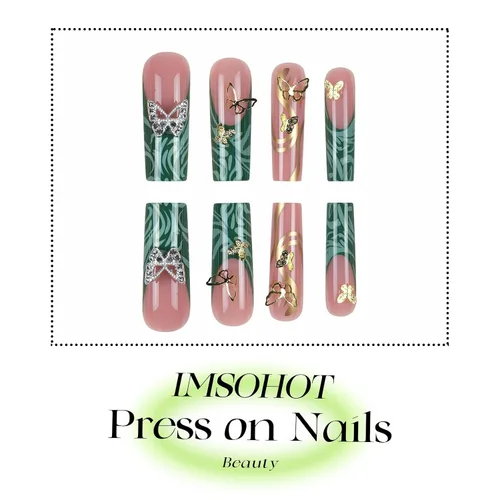 Vista 3 de IMSOHOT Uñas postizas largas cuadradas a presión, puntas francesas de onda verde, uñas postizas con diseños de dijes de mariposa dorada, gel C1-01