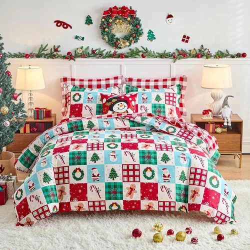 Vista 3 de Joyreap Juego de funda de edredón de 3 piezas, diseño navideño a cuadros rojos y verdes, microfibra suave y transpirable para todas las estaciones