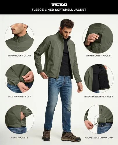 Vista 5 de TSLA - Chaqueta de invierno Softshell con cierre completo para hombre diseño con forro de vellón impermeable y resistente al viento para deportes al