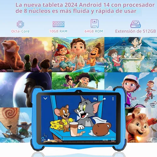 Vista 5 de Tableta infantil de 7 pulgadas, tableta para niños de 3 a 10 años, tableta de aprendizaje educativo Android 14, 10 GB de RAM+64 GB de ROM, controles