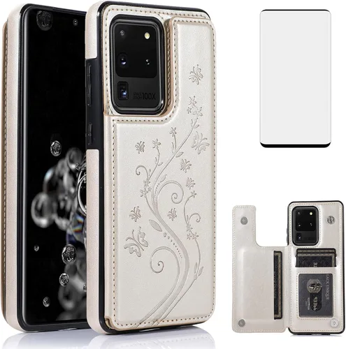 Vista 11 de Funda de teléfono para Samsung Galaxy S20 Ultra Glaxay S20ultra 5G con protector de pantalla de vidrio templado, tarjetero con soporte para Negro