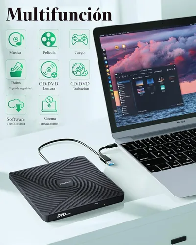 Vista 5 de PeroBuno Unidad externa de CD DVD, unidad óptica USB 3.0 tipo C, lector de discos CD ROM DVD ultradelgado de 0.5 pulgadas, portátil