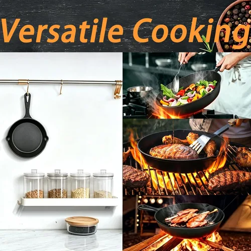 Vista 10 de Cast Iron Skillet Set 3 Piece 6 8 10 Inch Pre-Seasoned Frying Pan Sartén de hierro fundido con asas resistentes al calor para estufa, fogata