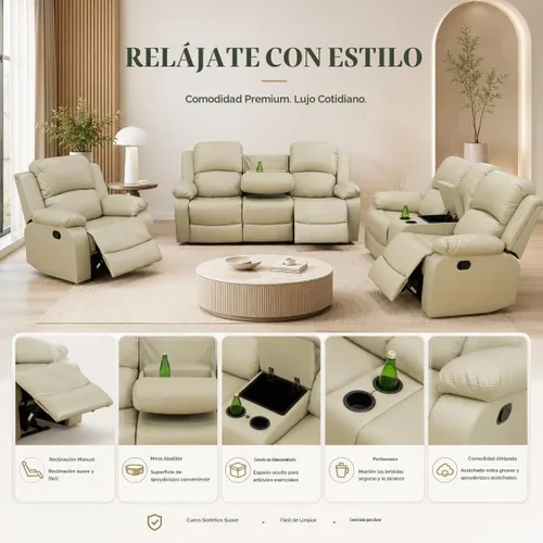 Vista 4 de Juego de sofá reclinable manual de 3 piezas, juego de muebles de sala de estar de tela beige con sofá reclinable de 3 asientos, sofá biplaza