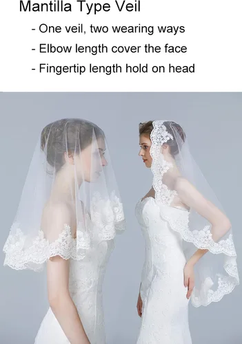 Vista 7 de Velo de novia de boda con peine de 1 nivel, borde de encaje de color marfil