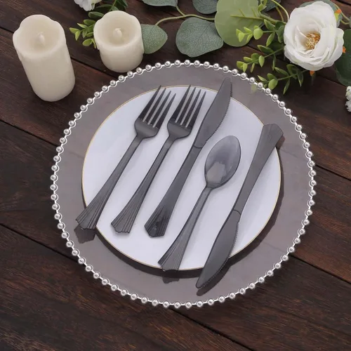 Vista 9 de Efavormart - Juego de 24 cubiertos de plástico transparente negro resistente con mango de punta acampanada, cuchara de tenedor desechable