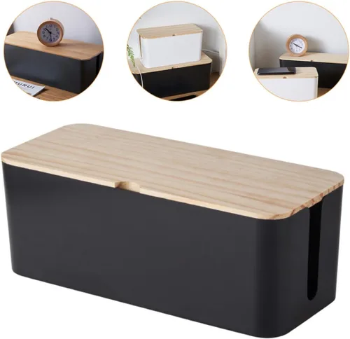 Vista 8 de Toyvian Cable Storage Box Power Line Manager with Natural Wood Lid, Medium Black Charging Cable Organizer for Home and Office Cord Management