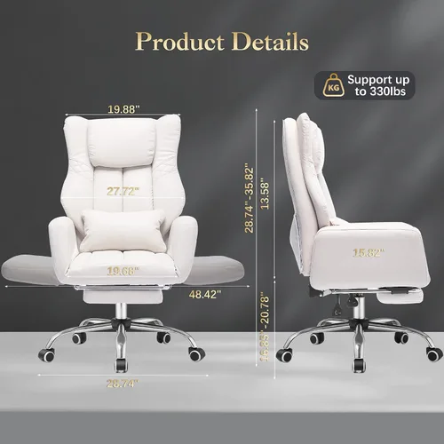 Vista 2 de Silla de oficina ejecutiva de respaldo alto con reposapiés, piel sintética reclinable, soporte lumbar, estilo entrecruzado, reclinación de 155° Beige