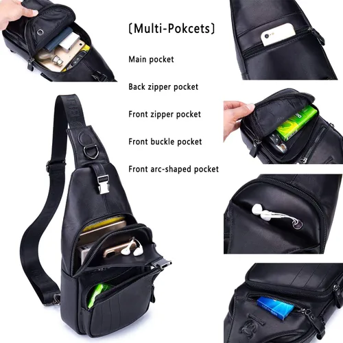 Vista 3 de Bolsos cruzados para hombre, bolso bandolera de cuero, mochilas casuales para el pecho, bolsa de hombro, mochilas de senderismo de viaje