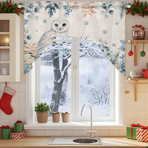 Vista 3 de Cortinas de cocina con cenefa de eucalipto de Navidad, con bolsillo para barra, cortinas para dormitorio, sala de estar, baño, cafetería, ventanas