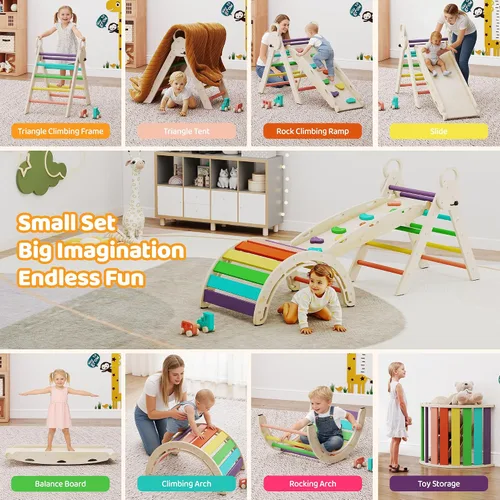 Vista 5 de Pikler Triangle Set, 7-in-1 Foldable Toddler Climbing Toys, Indoor Playground for Kids, Montessori Climbing Set Gift, Wooden Baby Jungle Gym, for