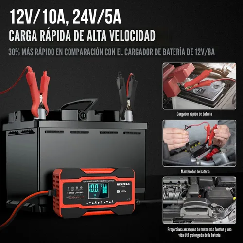 Vista 2 de NEXPEAK NC201 - Cargador de batería de 10 amperios, cargador inteligente de goteo de 12 V, 24 V, cargador de batería de automóvil, desulfatador