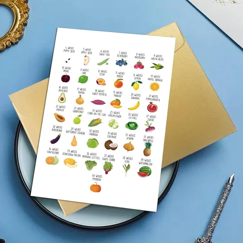 Vista 7 de Divertida tarjeta de baby shower de frutas y verduras, tarjeta de felicitación de embarazo para pareja, nueva tarjeta de bebé para mamá, papá