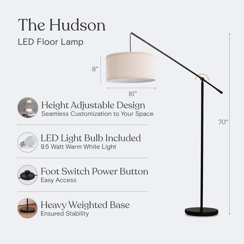 Vista 3 de Brightech Hudson 2 - Lámpara de pie LED, lámpara alta con base resistente, lámpara de arco contemporánea para salas de estar y oficinas, gran