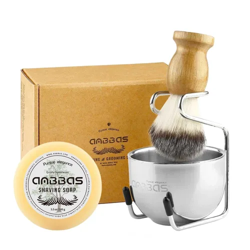 Vista 10 de Kit de afeitado Anbbas con brocha de cerdas de tejón puro, mango de madera negra y barra de jabón recargable de 100g, soporte de afeitado de acero