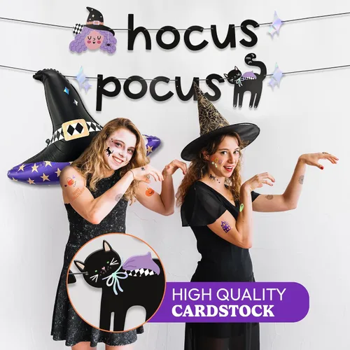 Vista 4 de HOUSE OF PARTY Hocus Pocus, pancarta de Halloween y globo de sombrero de bruja, decoración perfecta para fiestas de Halloween en interiores