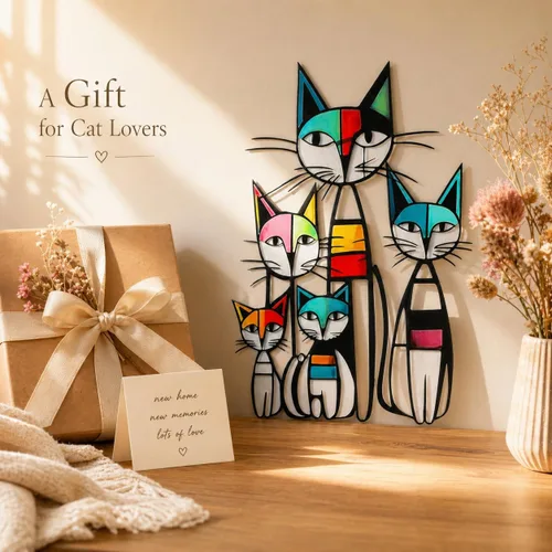 Vista 7 de Gcdaxour Decoración de pared de gato, esculturas de pared de hierro de metal, regalos para amantes de los gatos, colorido y único, retro de mediados