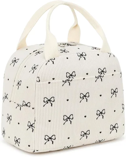 Vista 11 de EurCross Bolsa de almuerzo negra compacta mejorada para niñas y mujeres, de lona, reutilizable, aislada, con lunares, bolsa de almuerzo