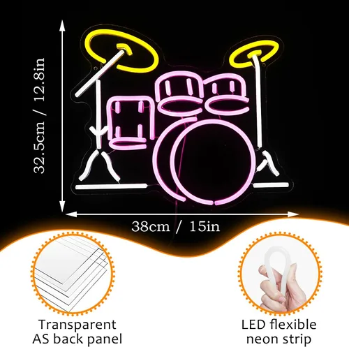 Vista 4 de Señal de Juego de Tambores de Neón Regulable Luz de Neón LED Vibrante para Amantes de la Música Decoración de Pared para Dormitorio Estudio Bar Luz