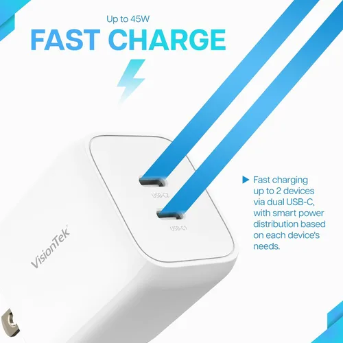 Vista 3 de VisionTek GaN II - Cargador rápido de pared de 45 W, puertos USBC duales, 2 veces USB-C, compatible con MacBook Air, iPad, iPhone, Galaxy, Steam