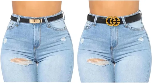 Vista 47 de Cinturón de cuero clásico con hebilla de metal para mujer con vestido de jeans
