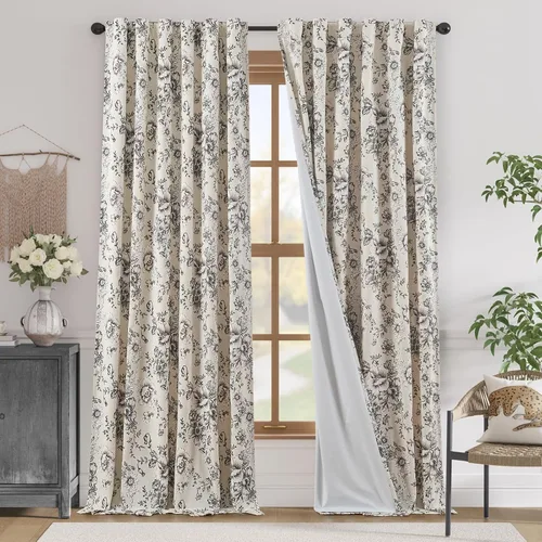 Vista 46 de Jinchan Cortinas de Mezcla de Lino con Estampado Floral para Sala de Estar, 84 Pulgadas de Largo, Cortinas con Bolsillo para Varilla y Tab Trasera