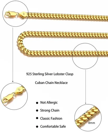 Vista 3 de Waitsoul 925 Sterling Silver Cuban Chain Lobster Clasp 7810mm SilverGold Over Cuban Link Curb Chain Necklace for Men Women Diamond Cut 16-30 Inches