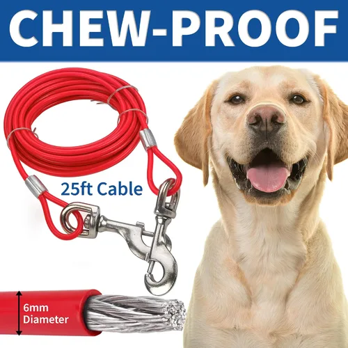Vista 3 de Estaca cromada de amarre para perros y cable de 25 pies, acero inoxidable, resistente, para exteriores, patio, campamento, diseño de estaca