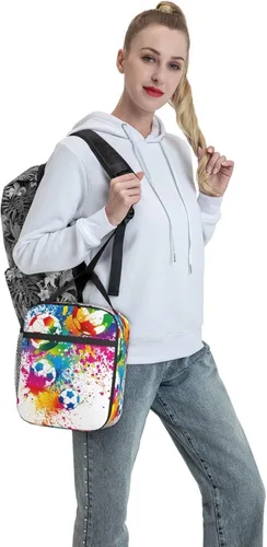Vista 7 de Bolsa de almuerzo colorida con pelota de fútbol para niños y niñas, lonchera reutilizable de fútbol con aislamiento, bolsa de almuerzo portátil